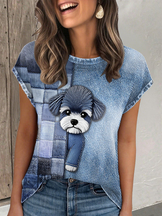 Women's denim puppy print t-shirt