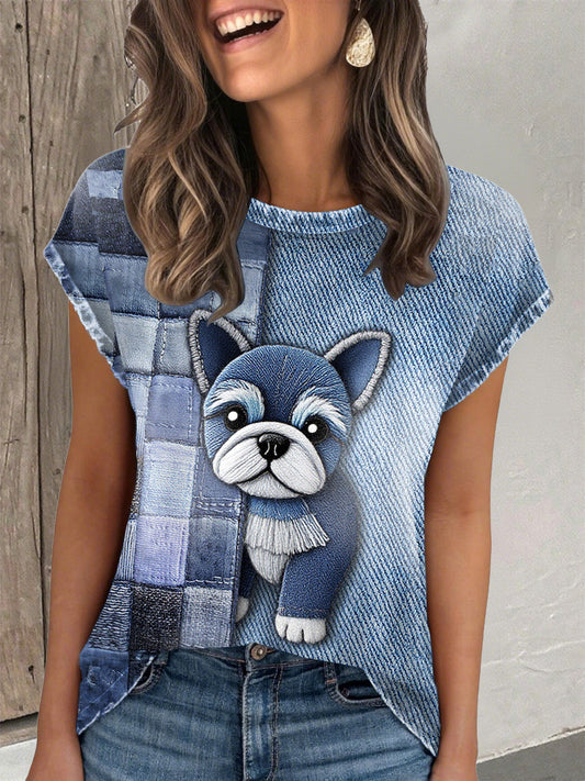 Women's denim puppy print t-shirt