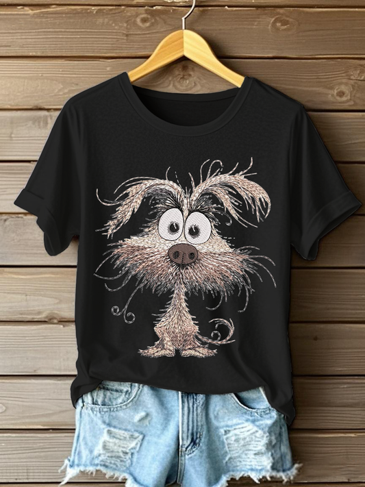 Women's Dog Embroidery Printed Casual T-Shirt