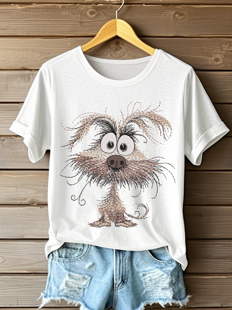 Women's Dog Embroidery Printed Casual T-Shirt