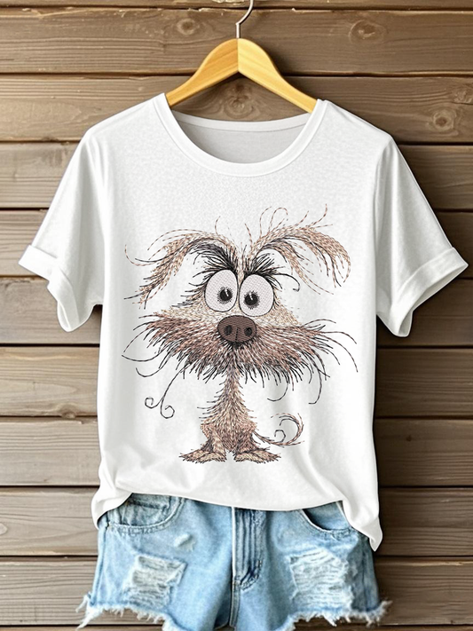Women's Dog Embroidery Printed Casual T-Shirt