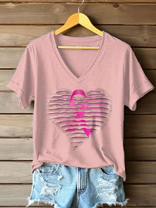 Women's Breast Cancer Awareness Pink Ribbon Print Casual T-Shirt