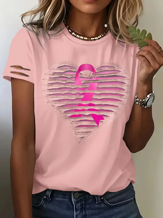 Women's Breast Cancer Awareness Pink Ribbon Print Casual T-Shirt