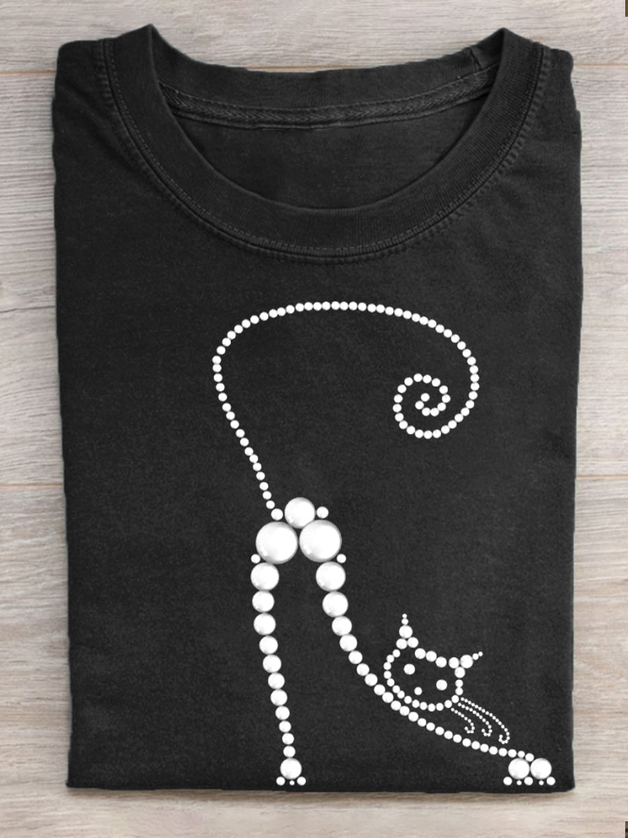Women's Funny Cat Print Washed T-Shirt