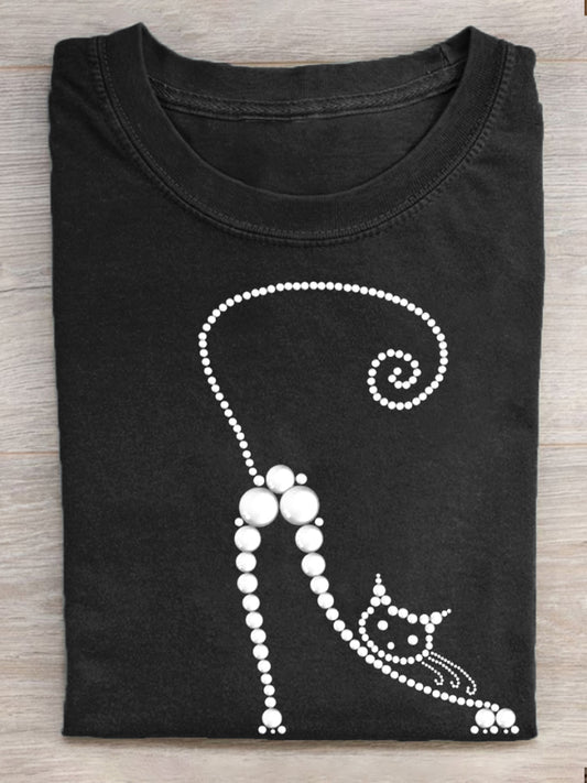 Women's Funny Cat Print Washed T-Shirt