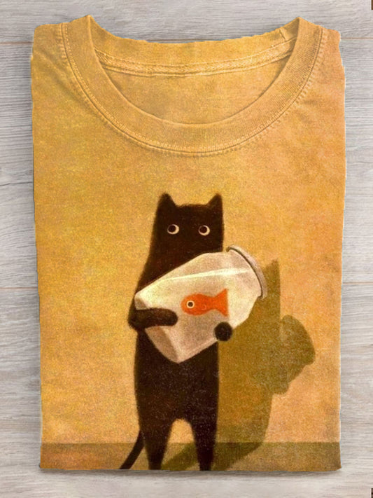 Women's Vintage Cat Art Print Short Sleeve T-Shirt