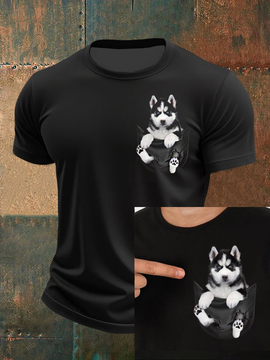 Men's Cute Puppy 3D Print Pocket Short Sleeves T-Shirt