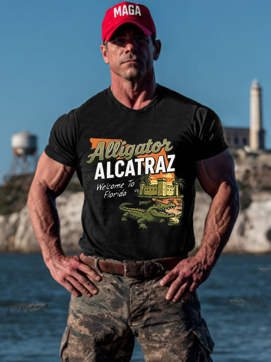 Men's Retro Alligator Alcatraz Funny Welcome To Florida Everglades Dark Humor Tee