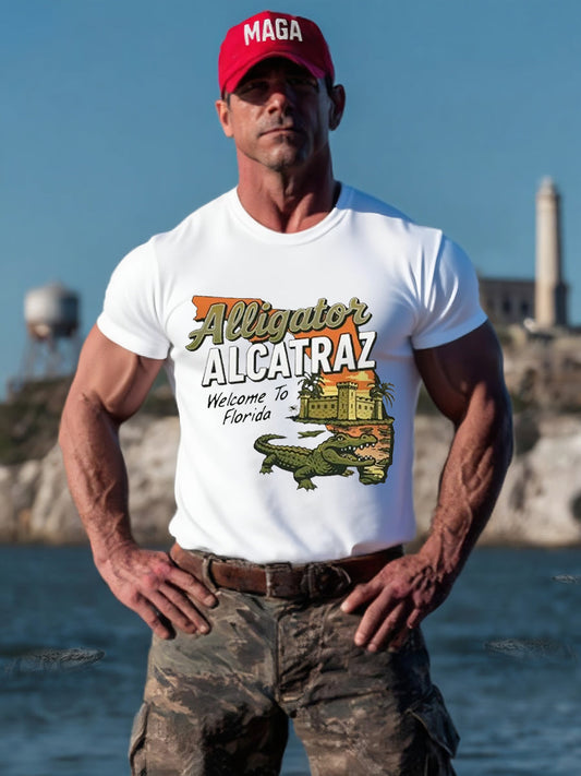 Men's Retro Alligator Alcatraz Funny Welcome To Florida Everglades Dark Humor Tee