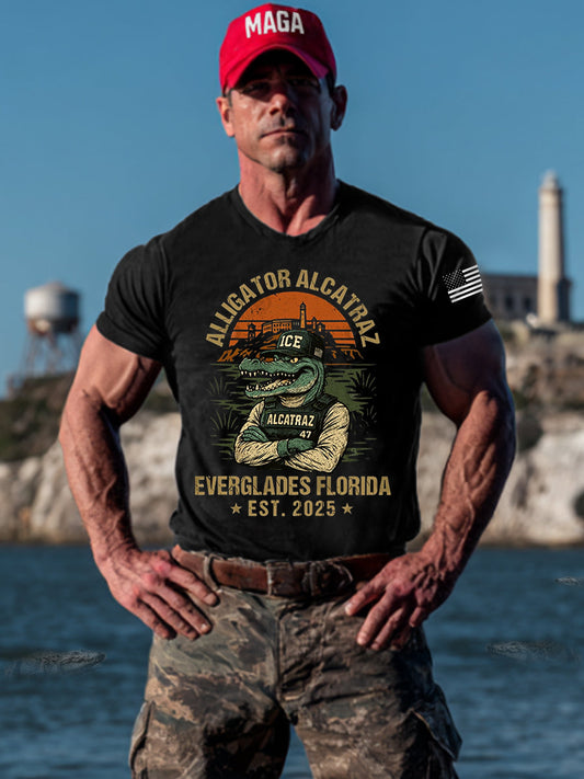 Men's Retro Alligator Alcatraz Funny Florida Everglades Dark Humor Tee