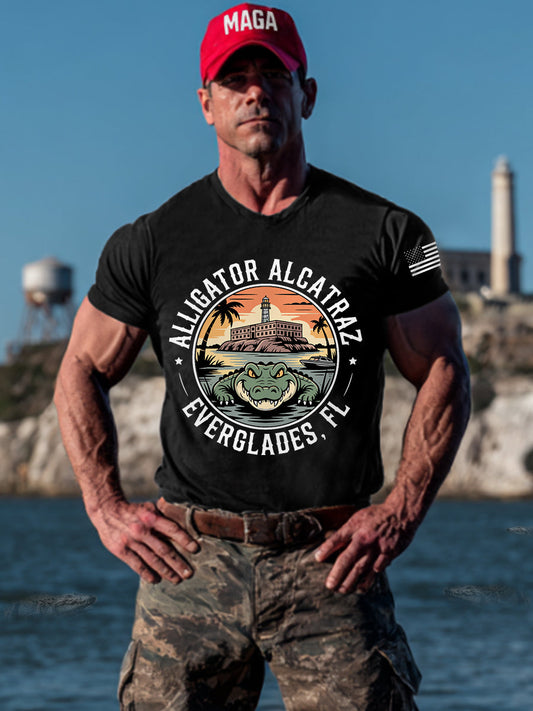 Men's Retro Alligator Alcatraz Funny Florida Everglades Dark Humor Tee