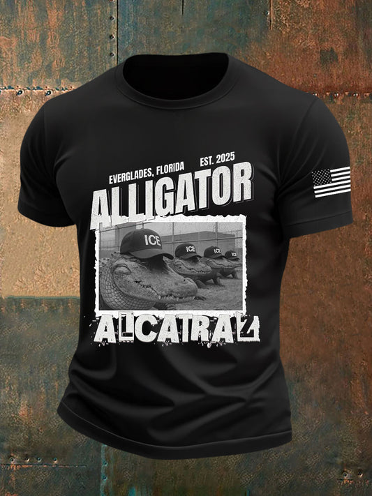 Men's Retro Alligator Alcatraz Funny Florida Everglades Dark Humor  Short Sleeve Tee