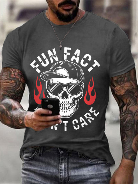 Men's Fun Fact I Don't Care Funny Skeleton Quote Attitude Tee