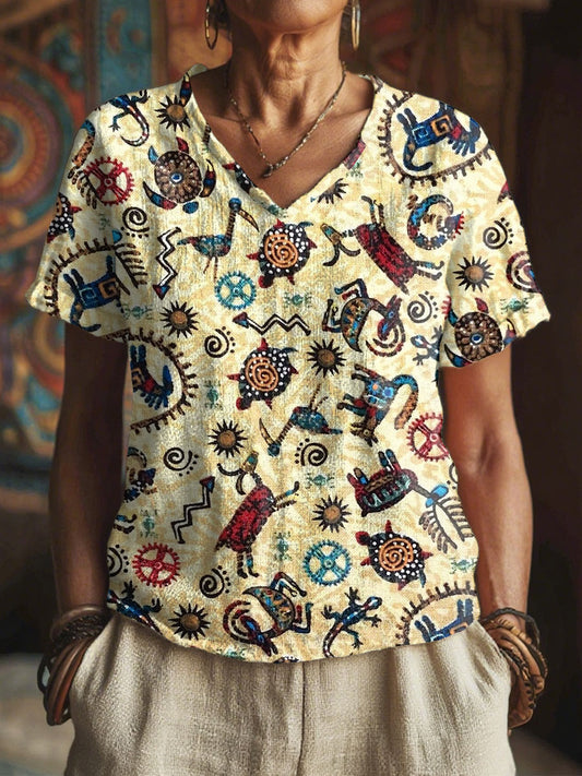 Women's Indigenous animals print V-neck tops