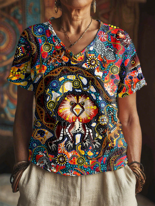 Women's Aboriginal lizard art print V-neck tops
