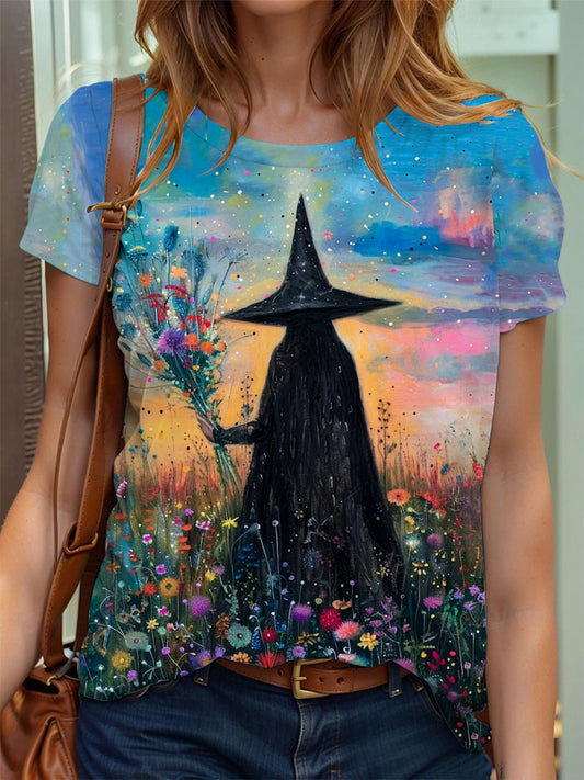 Women's Halloween Beautiful Witches and Wildflowers Print T-shirt