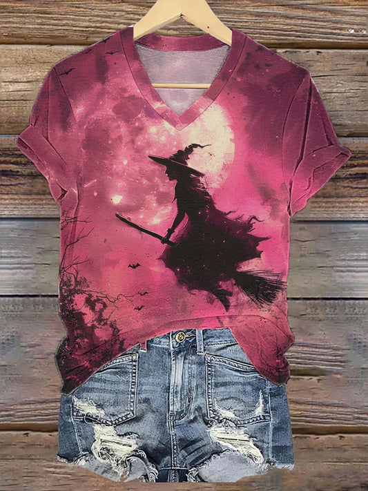 Women's Halloween Pink Witch Print T-Shirt