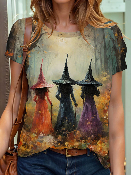 Women's Halloween Beautiful Witches and Wildflowers Print T-shirt