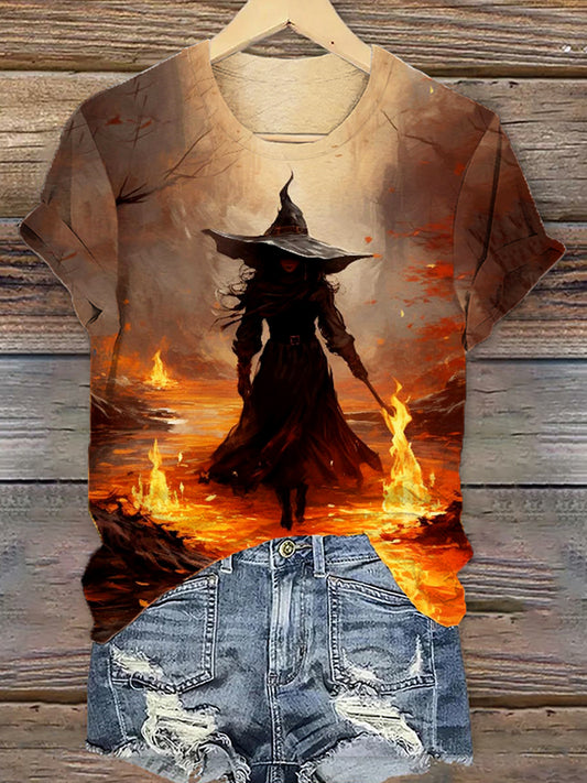 Women's Halloween Witch In The Creek Print T-Shirt