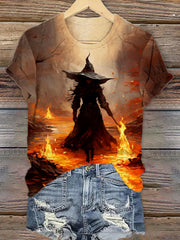 Women's Halloween Witch In The Creek Print T-Shirt