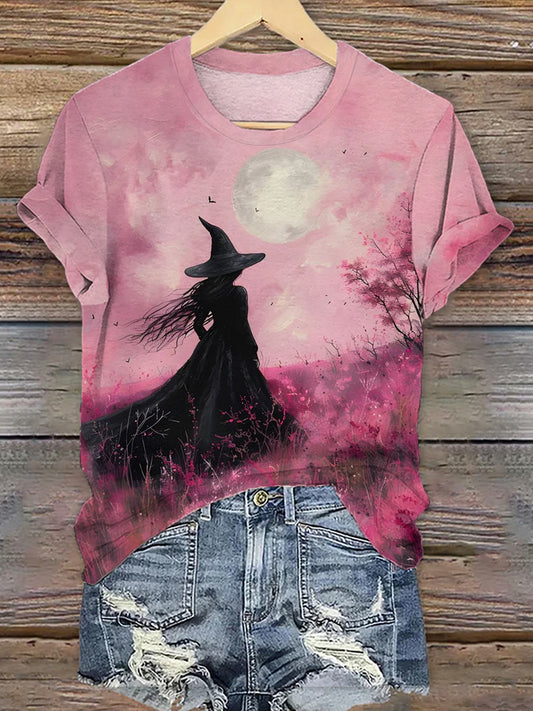 Women's Halloween Pink Witch Print T-Shirt