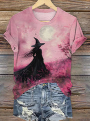 Women's Halloween Pink Witch Print T-Shirt