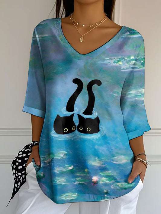 Women's Lotus and Black Cat V-Neck T-Shirts