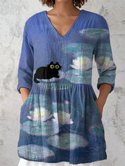 Women's Lotus and Black Cat V-neck tops