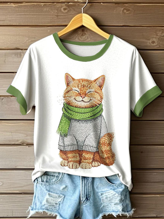 Women's Autumn Festival Cat Printed T-shirt