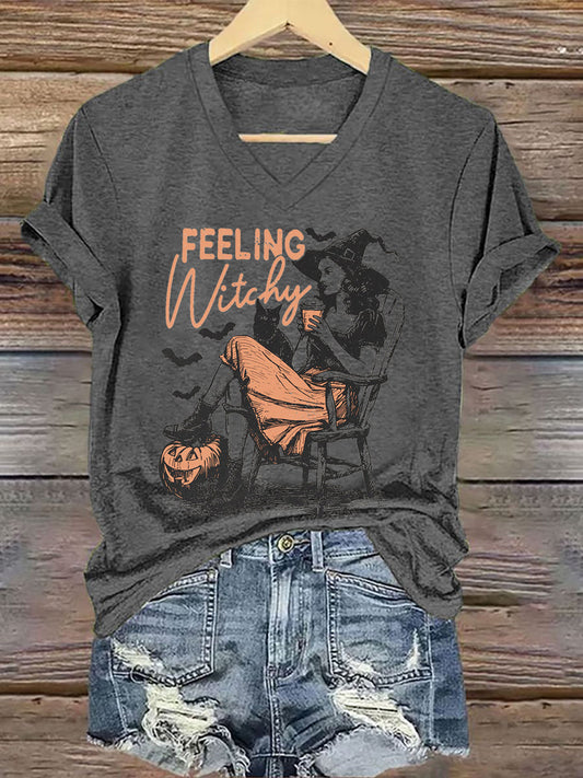 Women's Halloween Feeling Witchy Printed V-neck T-shirt