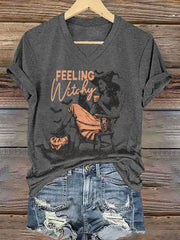 Women's Halloween Feeling Witchy Printed V-neck T-shirt