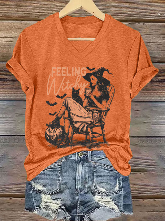 Women's Halloween Feeling Witchy Printed V-neck T-shirt