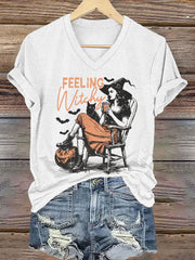 Women's Halloween Feeling Witchy Printed V-neck T-shirt