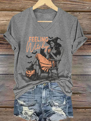 Women's Halloween Feeling Witchy Printed V-neck T-shirt