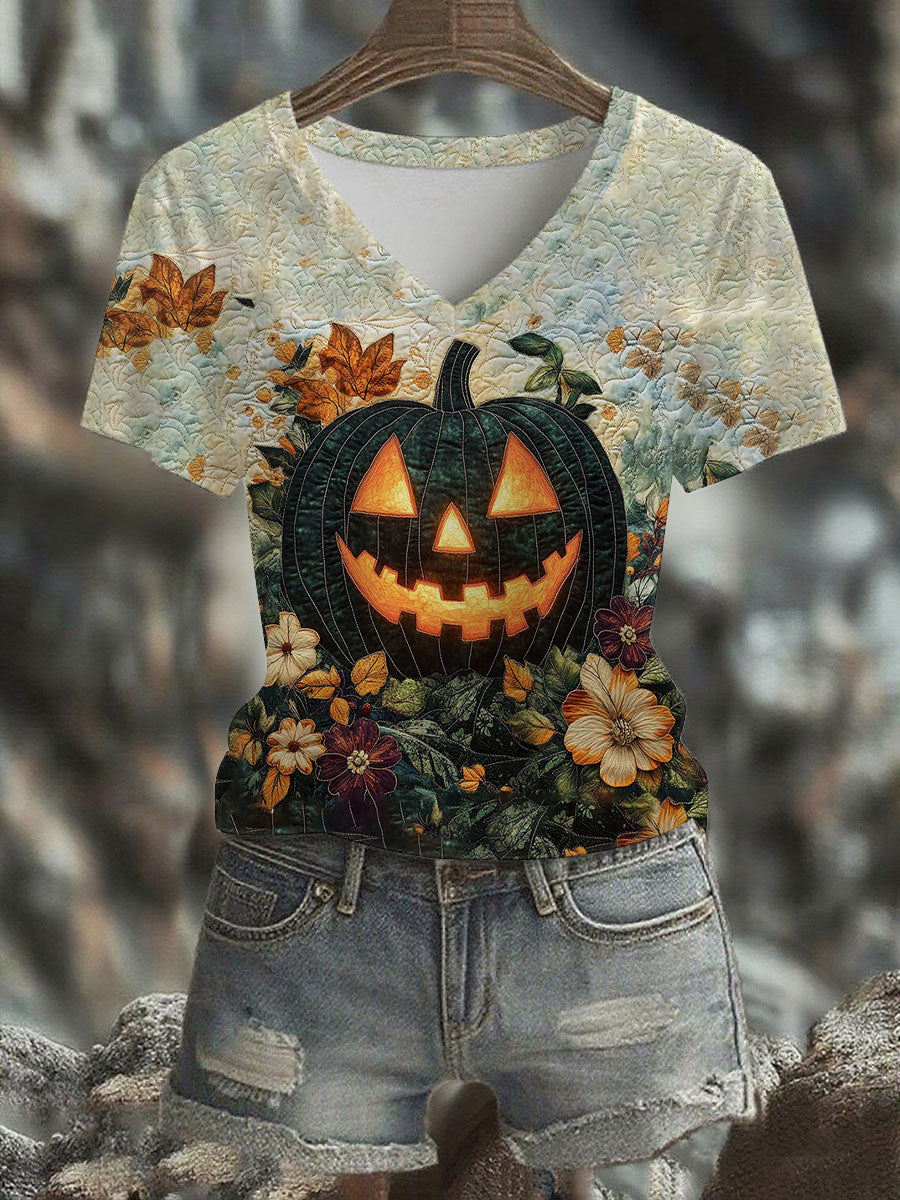 Women's Halloween Pumpkin Printed V-neck T-shirt