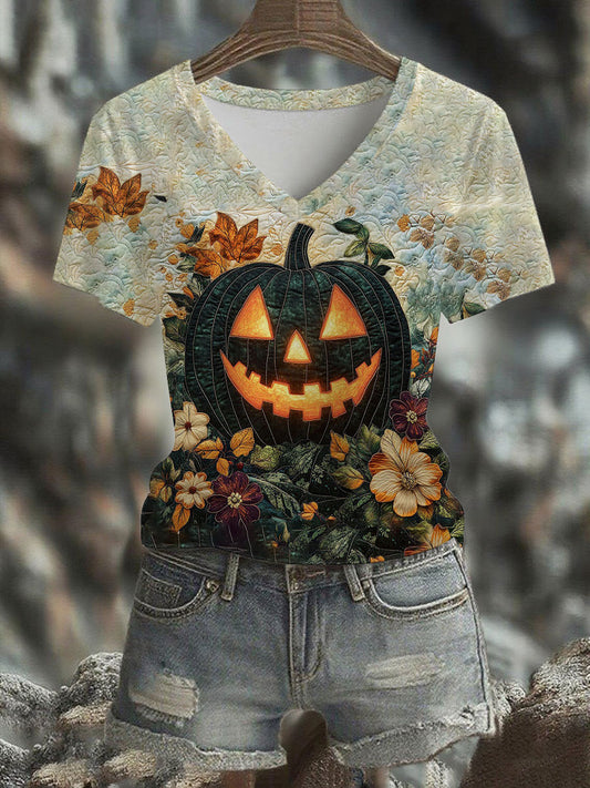 Women's Halloween Pumpkin Printed V-neck T-shirt