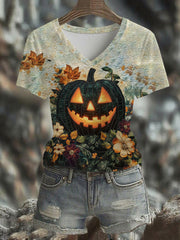 Women's Halloween Pumpkin Printed V-neck T-shirt