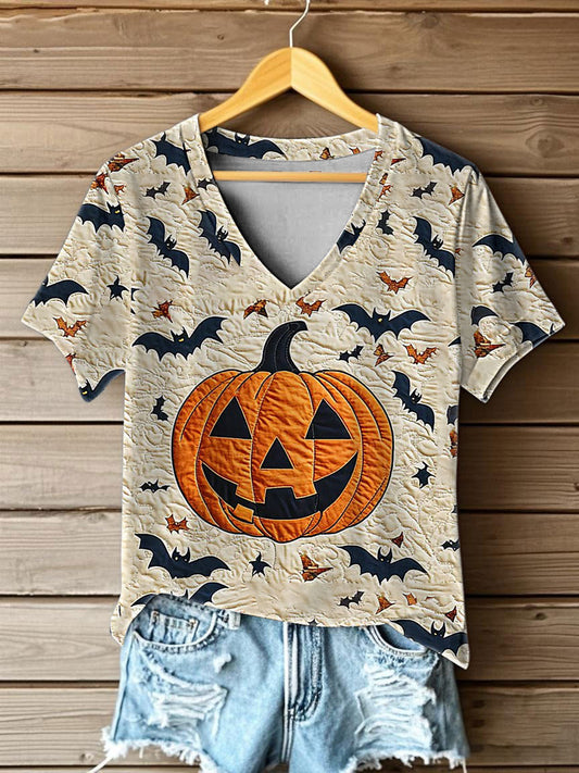 Women's Halloween Pumpkin Printed V-neck T-shirt