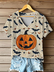 Women's Halloween Pumpkin Printed V-neck T-shirt