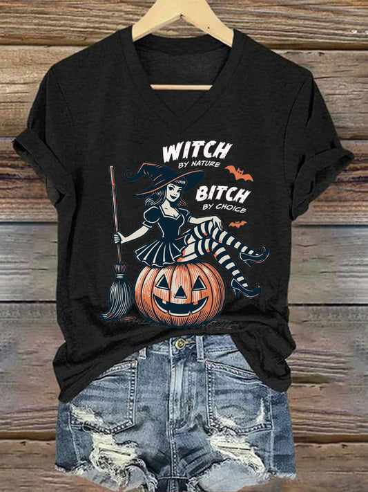 Women's Halloween Witch By Nature Birch By Choice Printed V-neck T-shirt