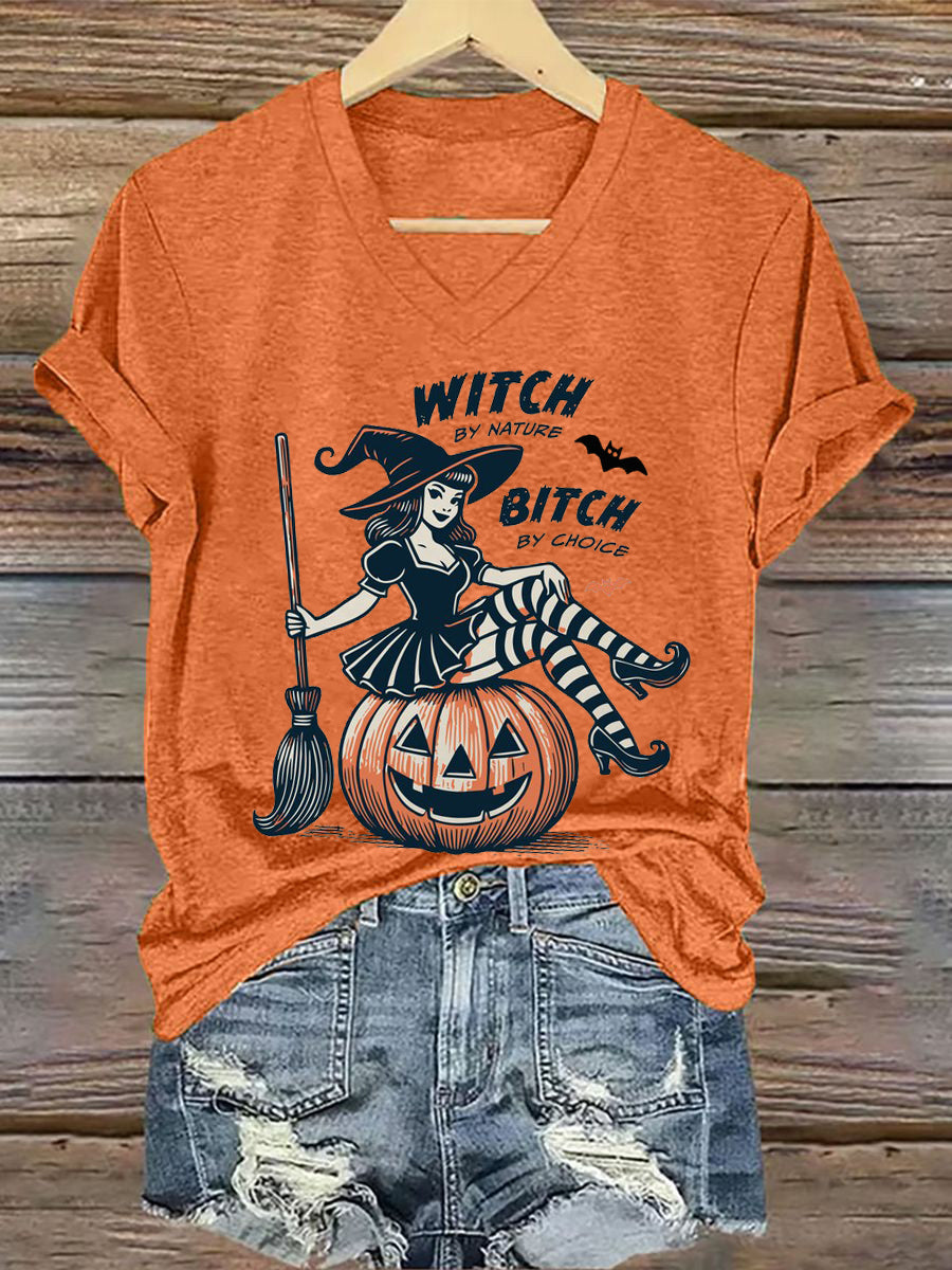 Women's Halloween Witch By Nature Birch By Choice Printed V-neck T-shirt