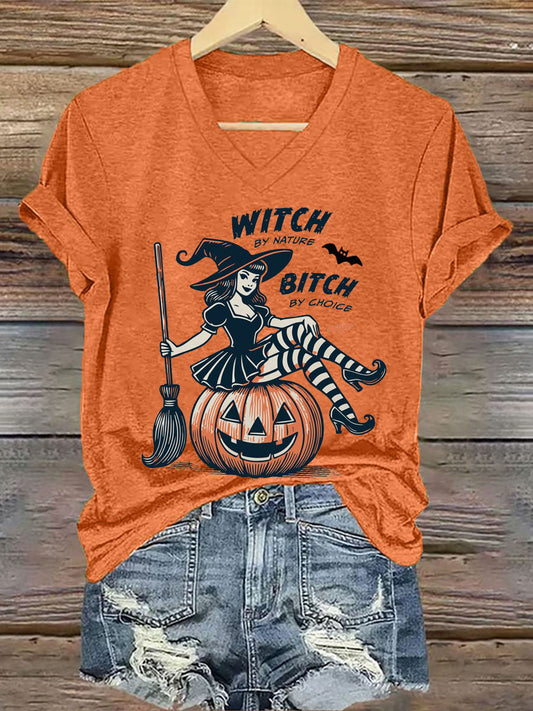 Women's Halloween Witch By Nature Birch By Choice Printed V-neck T-shirt