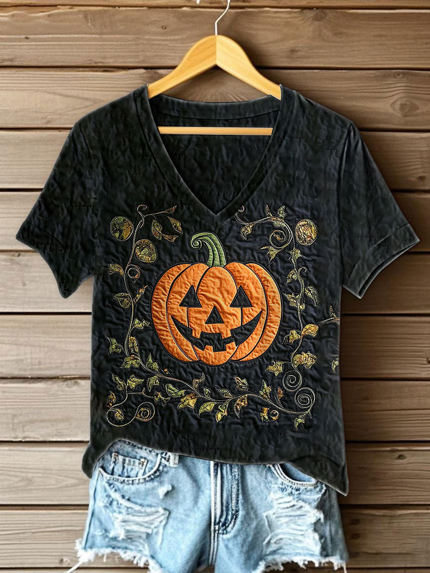 Women's Halloween Pumpkin Printed V-neck T-shirt