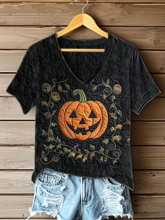 Women's Halloween Pumpkin Printed V-neck T-shirt