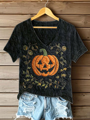 Women's Halloween Pumpkin Printed V-neck T-shirt