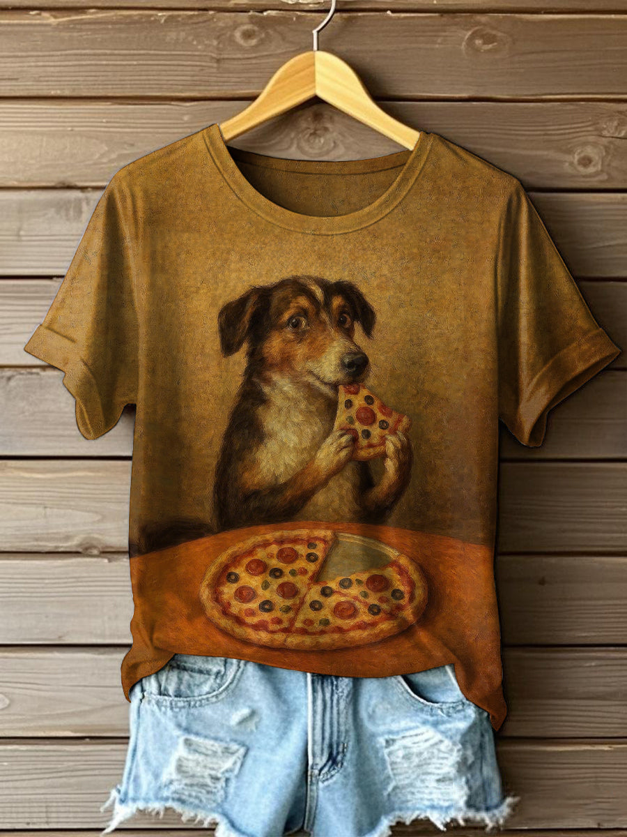 Women's Funny Dog Eats Pizza T-Shirt