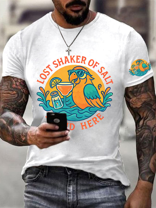 Men's It's 5:00 Somewhere Always Lost Shaker of Salt Found Here Parrot Print Casual Short Sleeve Tee