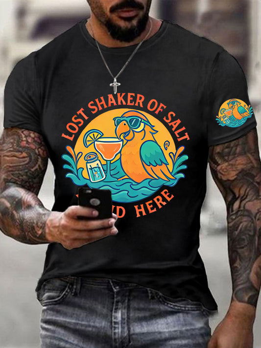 Men's It's 5:00 Somewhere Always Lost Shaker of Salt Found Here Parrot Print Casual Short Sleeve Tee