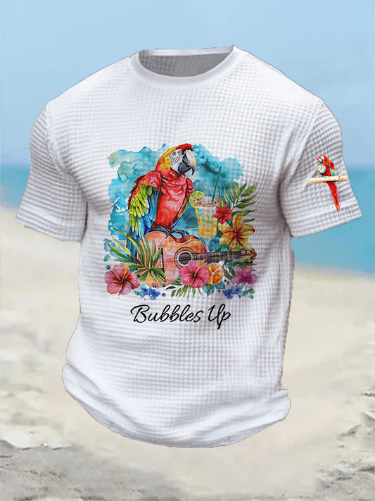 Men's It's 5:00 Somewhere Bubbles Up Parrot Print Casual Short Sleeve Waffle Short Sleeve Tee