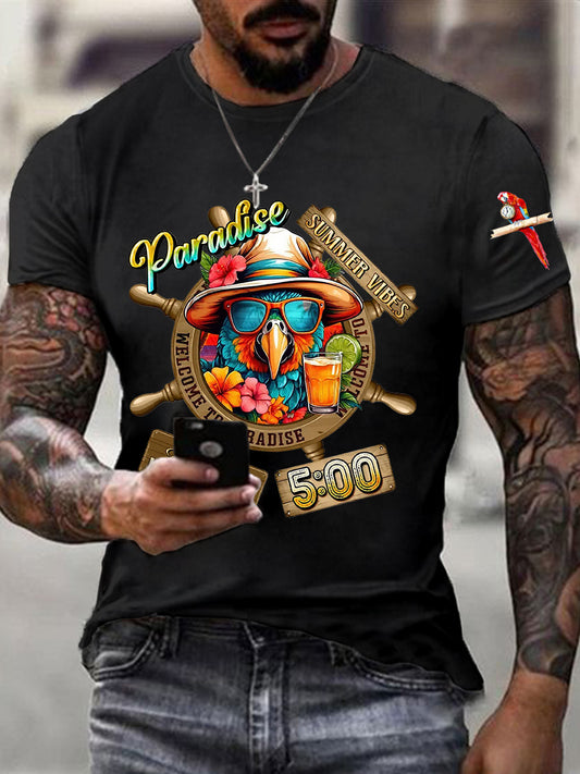 Men's Always Happy Hour Paradise It's 5 o'clock  Parrot Print Casual Short Sleeve Tee